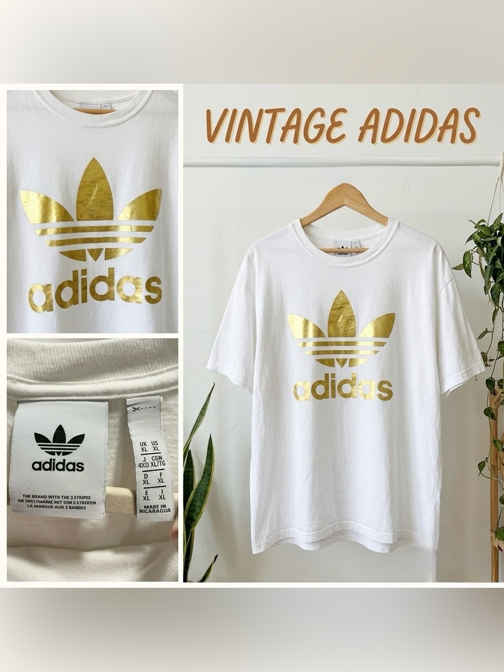 Adidas Originals White Gold Foil Trefoil Graphic Tee T-Shirt XL Cotton